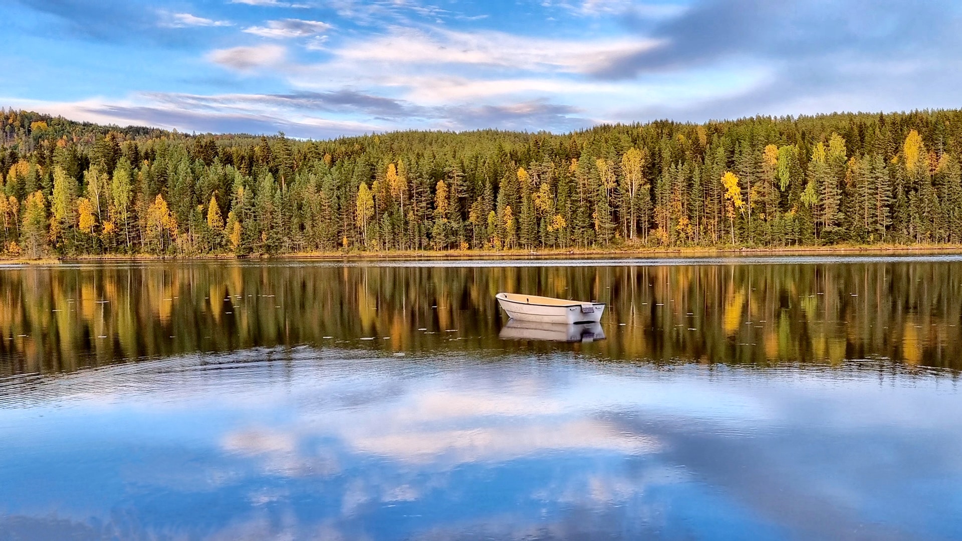 A little boat on a clear lake with the forrest of Finnskogen reflecting in the water.