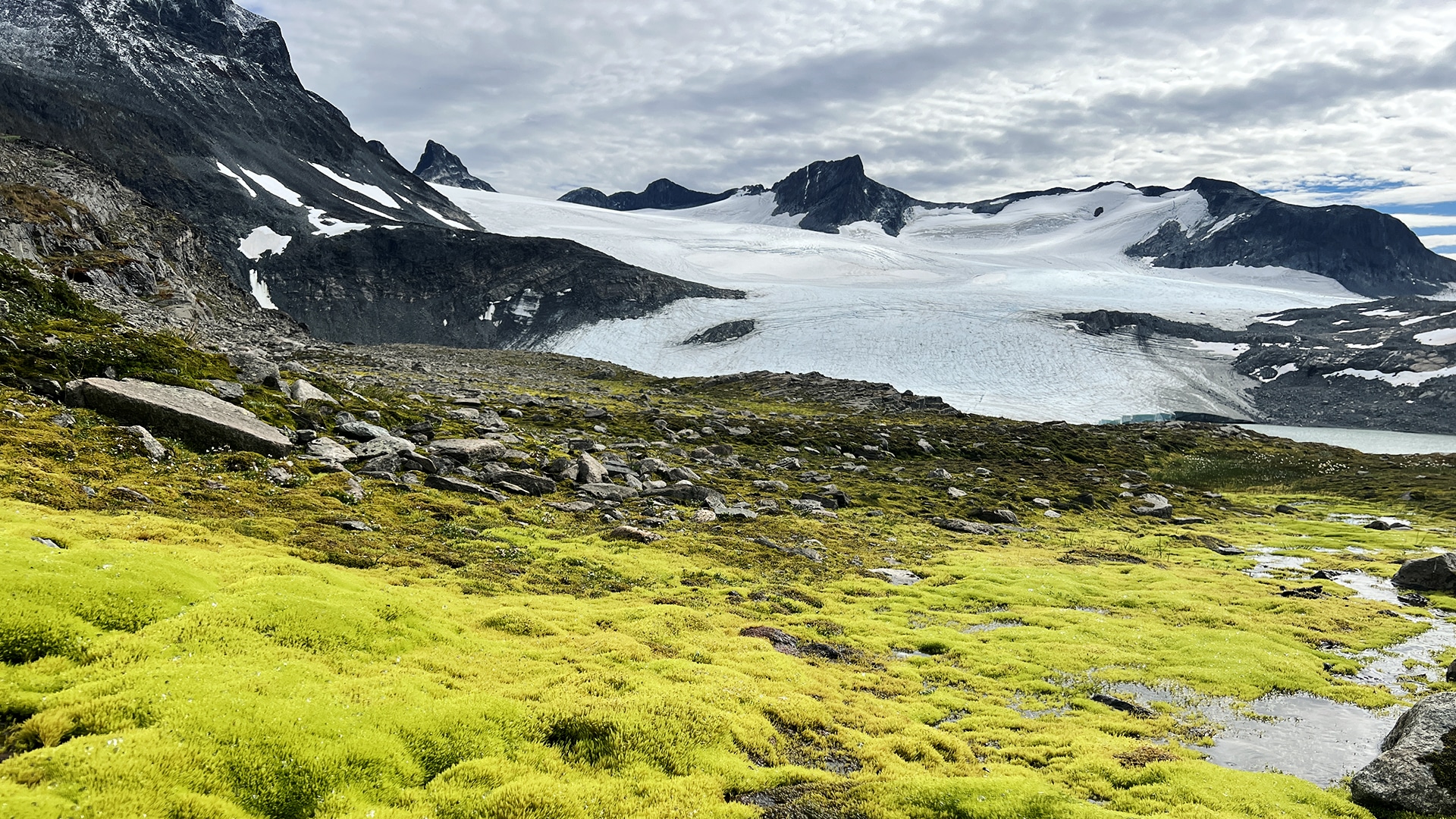 The mountain tops of Store Smørstabbtinden is covered in snow at summertime.