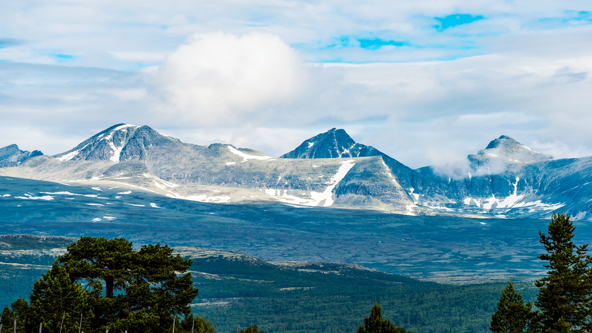 View of the snow covered mountain tops of Rondane on a cloudy summer day.