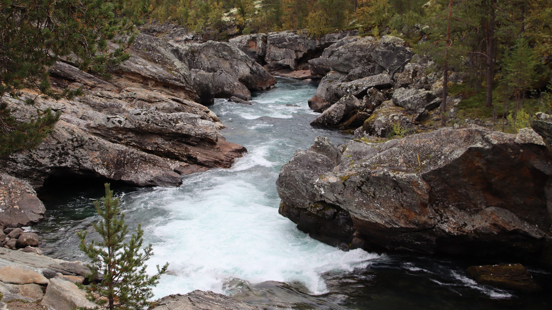 The river Sjoa cascades down Ridderspranget surrounded by rocks.