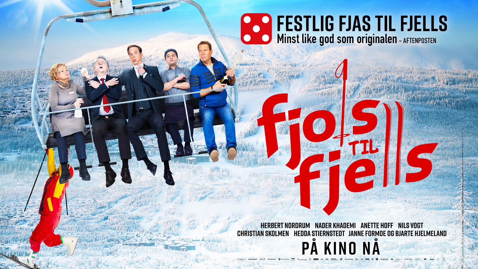 Five people sitting and one person hanging from the bottom of a chair lift on the promotional poster for movie Fjols til fjells.