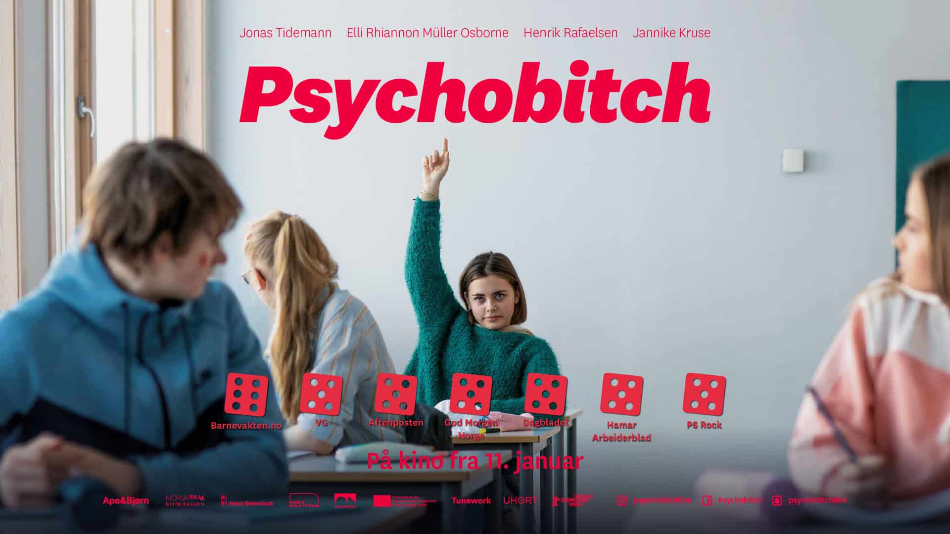 A girl putting her hand in the air in a classroom on the promotional poster for movie Psykobitch.