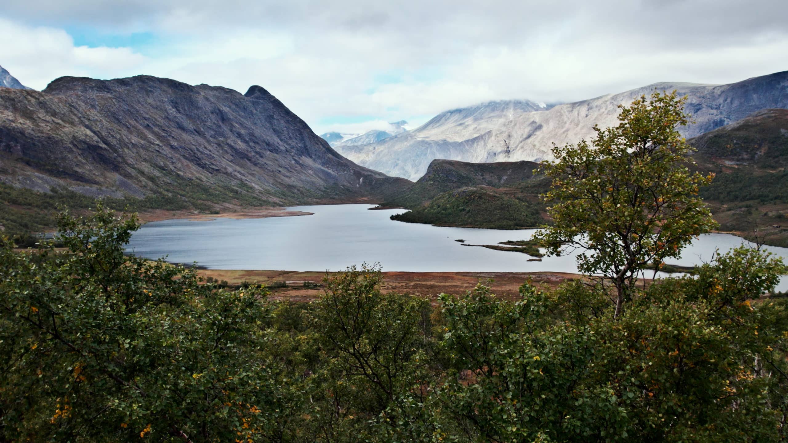The view of a lake at the foot of Besseggen mountain with surrounding trees.
